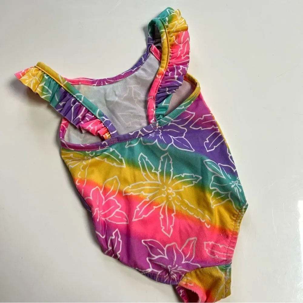 Vintage Peak 90s Neon Rainbow Ruffle One Piece Swim Suit